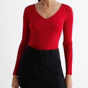 Red V-Neck Ribbed Sweater